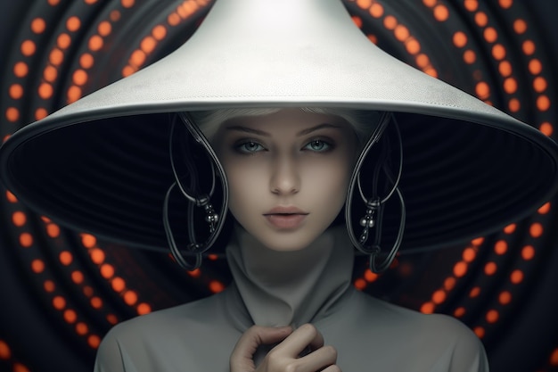Futuristyczny portret mody z kapeluszem Konceptualna praca artystyczna na temat przyszłości mody