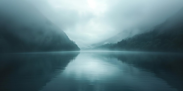 Futuristyczny pusty krajobraz otoczony mgłą odbijający światło w ciemnych wodach
