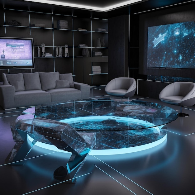 Futuristyczny salon z interaktywnymi holograficznymi wyświetlaczami i modułowymi meblami