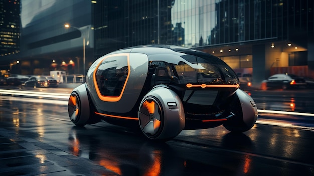 Futuristyczny samochód elektryczny bardzo szybko jeździ na autostradzie Futuristyczna koncepcja miasta 3D rendering 3D Ilustracja