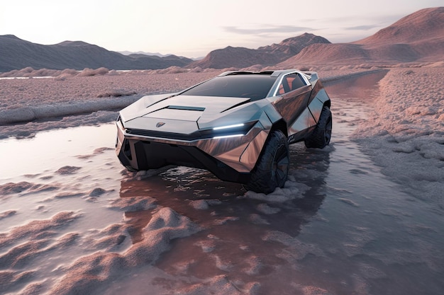 Futuristyczny samochód jeździ po pustyni.