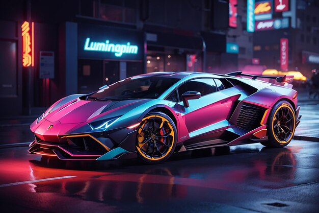 Zdjęcie futuristyczny samochód z neonowym znakiem z napisem lamborghini