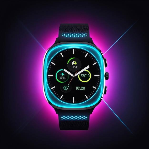 Zdjęcie futuristyczny smart watch świeci na ciemnym tle