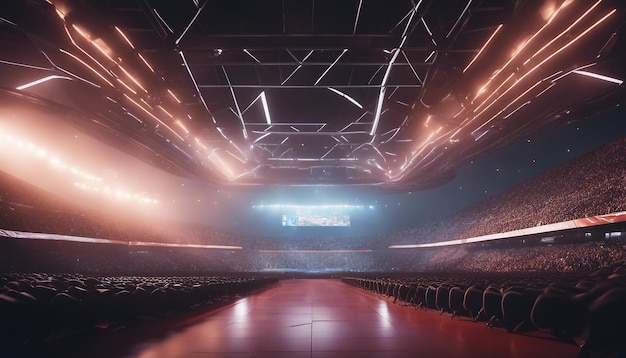 Futuristyczny stadion sportowy z zaawansowaną technologią, dynamicznym oświetleniem i ogromnym tłumem