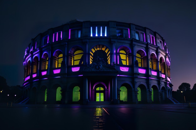 Futuristyczny stadion z nowoczesnym projektem z neonowymi światłami w nocy Generatywna sztuczna inteligencja