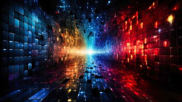 Futuristyczny świecący cyfrowy tunel z neonowymi światłami w niebieskim i czerwonym spektrum