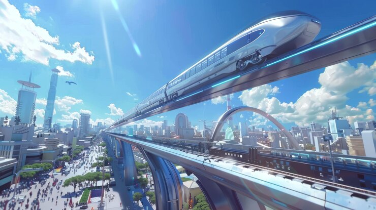 Futuristyczny szybki pociąg płynący nad tętniącym życiem krajobrazem miejskim pod jasnoniebieskim niebem