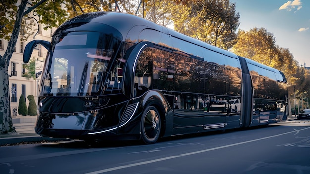 Futuristyczny Transport Publiczny Elegancki Czarny Autobus Autonomiczny Na Ulicy Miejskiej Nowoczesna Koncepcja Transportu Miejskiego Ai