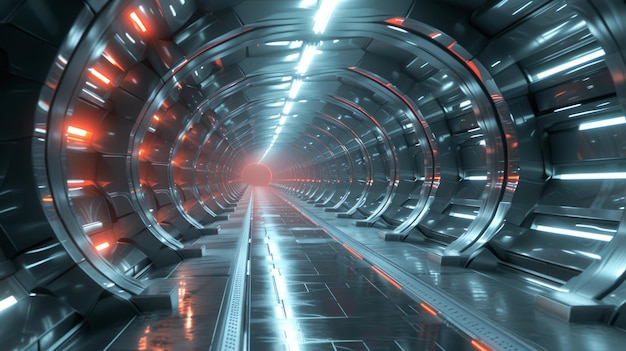 Futuristyczny tunel stalowy perspektywa tła nowoczesnego błyszczącego korytarza podziemna rura przemysłowa do transportu w przyszłości Koncepcja drogi technologii transportowej