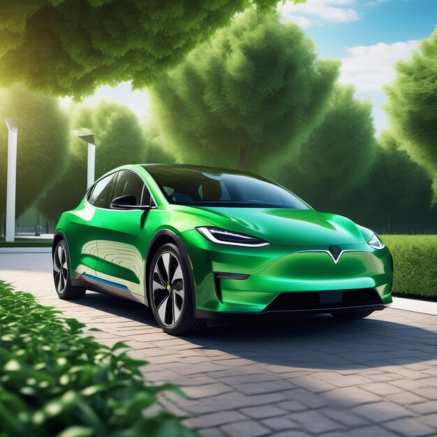Futuristyczny zielony samochód elektryczny z zieloną ulicą miasta Elektromobilność koncepcja emocji
