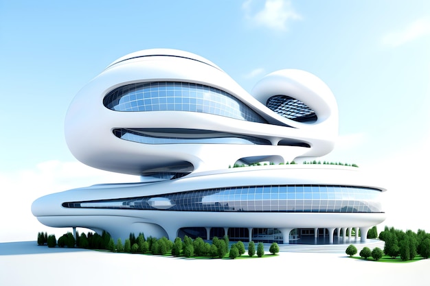 Futurystyczna architektura miasta scifi 3D z organicznymi drapaczami chmur dla science fiction