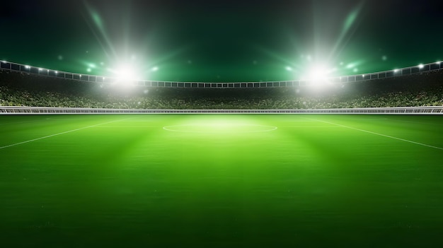 Futurystyczna arena piłkarska z dramatycznym oświetleniem i pięknym zielonym boiskiem dla niesamowitego tła gry
