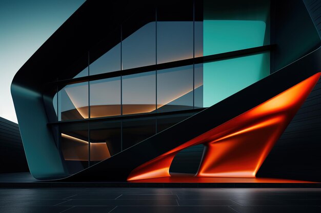 Futurystyczna ciemnozielona stal i szkło z ciepłym oświetleniem zewnętrznym budynku
