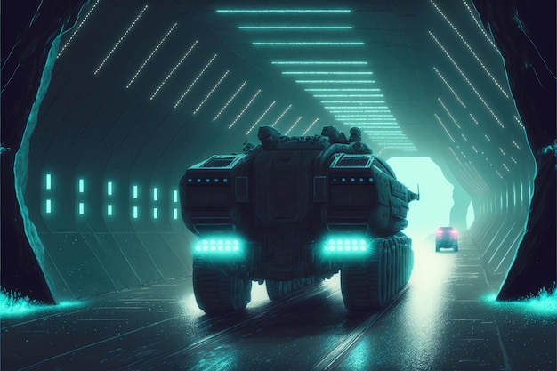 Futurystyczna ciężarówka uzbrojona w broń poruszająca się przez zaawansowany technologicznie tunel Koncepcja fantasy Malowanie ilustracji Generatywna sztuczna inteligencja