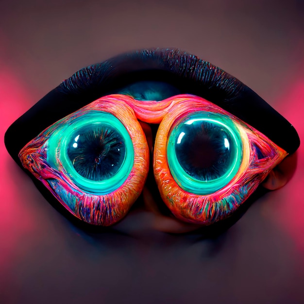 Futurystyczna cyber podwójna tęczówka w neonowych kolorach Psychodeliczne cyfrowe oko ze świecącymi płynnymi kształtami