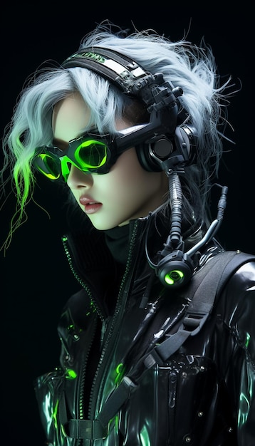 Futurystyczna cyberpunkowa kobieta w okularach wirtualnej rzeczywistości Wygenerowano realistyczny model 3D Cyborg Ai