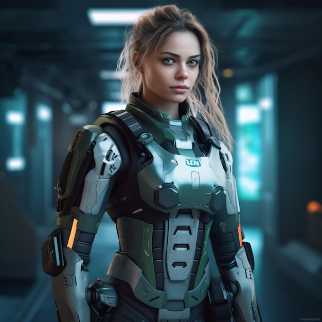 Futurystyczna cyborgowa dziewczyna z metalową zbroją Generative AI