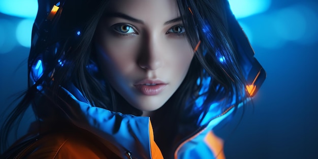 Futurystyczna dama podkreślona przez oświetlenie studyjne w kolorze niebieskim i pomarańczowym, cyberpunkowy portret Generative Ai