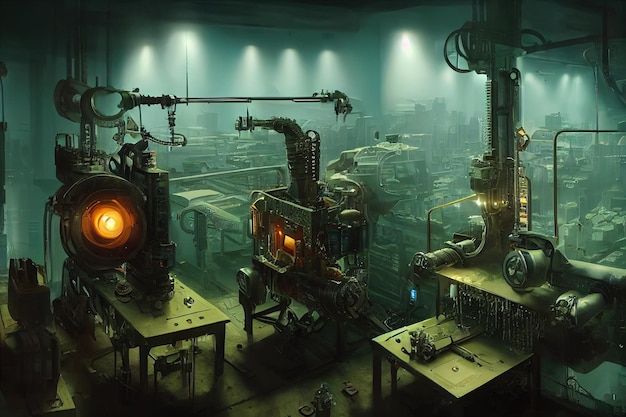 Futurystyczna fabryka wnętrz laboratoryjnych ze skomplikowanymi wnętrzami fabryki maszyn i instrumentów
