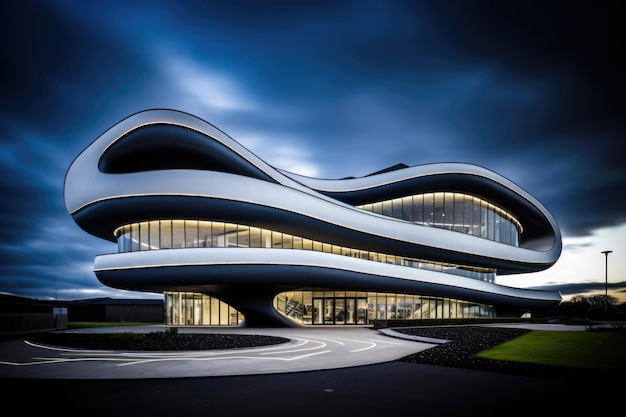 Futurystyczna fasada budynku z oświetleniem Nowoczesna architektura o geometrycznych kształtach