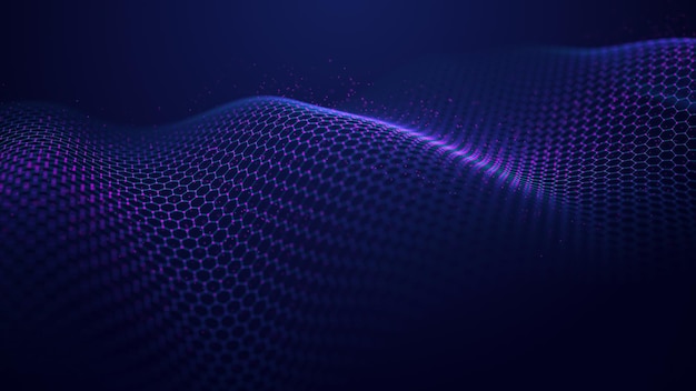 Futurystyczna fioletowa fala siatki heksagonalnej na niebieskim tle Koncepcja big data Połączenie sieciowe Cybernetyka i sztuczna inteligencja Renderowanie 3d