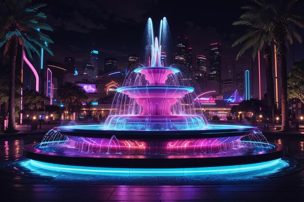 Zdjęcie futurystyczna fontanna z neonami i holograficznymi projekcjami tworzącymi oszałamiającą pokaz kolorów
