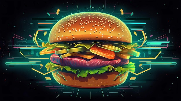 Futurystyczna i neonowa ilustracja stylu hamburgera lub burgera ai generatywnego