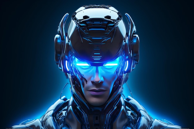 futurystyczna ilustracja ludzkiej twarzy postaci cyborga w świecących niebieskich kolorach neonu w wirtualnej rzeczywistości hełm na niebieskim tle