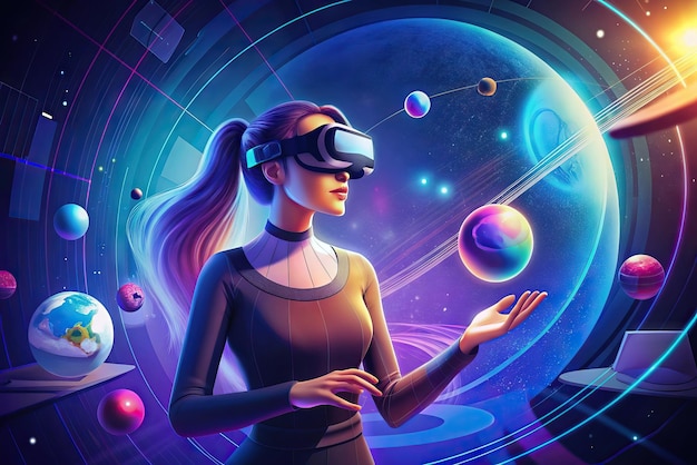 Zdjęcie futurystyczna ilustracja osoby z okularami wirtualnej rzeczywistości i elementami w tle