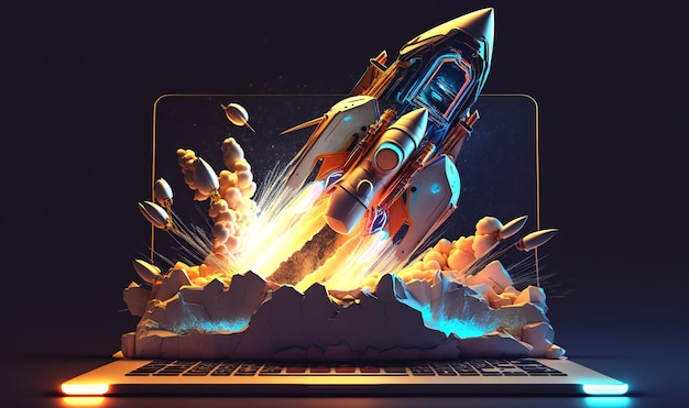Futurystyczna ilustracja rakiety kosmicznej startującej z ekranu laptopa
