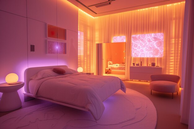 Futurystyczna inteligentna sypialnia z interaktywnymi powierzchniami
