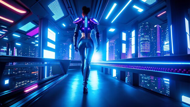 Zdjęcie futurystyczna kobieta science fiction spacerująca po korytarzu, generatywna sztuka autorstwa ai