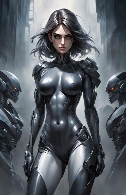 Futurystyczna kobieta w futurystycznym garniturze wygenerowanej przez AI