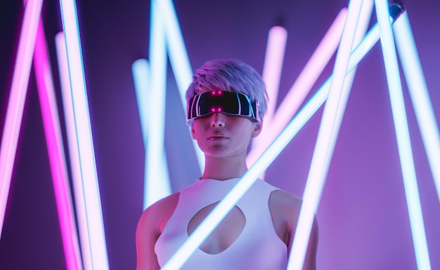 Futurystyczna kobieta w goglach VR w neonowym studio