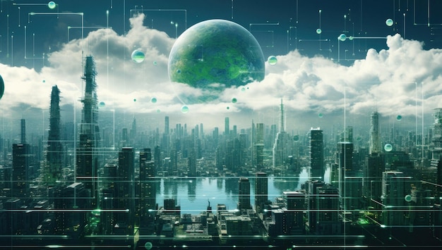 Futurystyczna koncepcja cybernetyczna przyszłości zielonego miasta