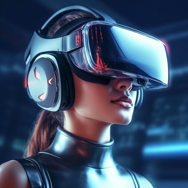 Futurystyczna koncepcja rzeczywistości wirtualnej futurystyczna kobieta w okularach VR z ilustracją 3D