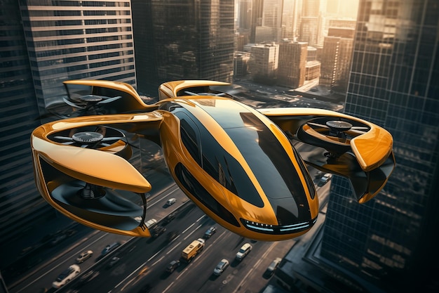 Futurystyczna latająca taksówka na tle pejzażu miejskiego Generacyjna sztuczna inteligencja