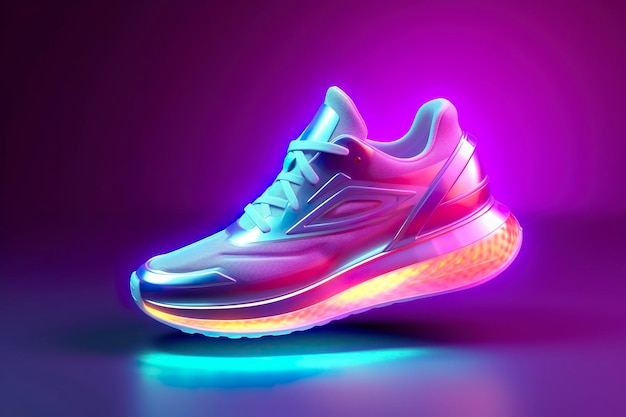 Futurystyczna moda oryginalne sneakersy Przyszły design stylowych butów sportowych z neonową poświatą futurystyczna miejska estetyka Styl odzieży sportowej i modne obuwie jutra AI Generative