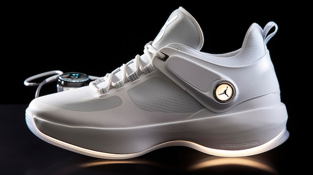 Futurystyczna moda oryginalne sneakersy Przyszły design stylowych butów sportowych z neonową poświatą futurystyczna miejska estetyka Styl odzieży sportowej i modne obuwie jutra AI Generative