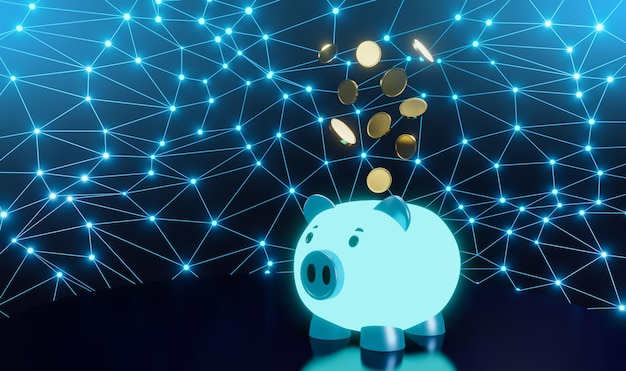 Futurystyczna moneta świnka moneta na tle sieci Technologia finansowa Inwestycja kryptowaluta