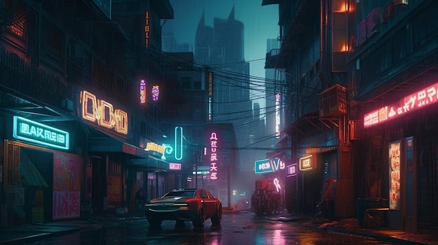 Futurystyczna nocna ulica miasta z samochodami na drodze renderowania 3d generatywnego ai