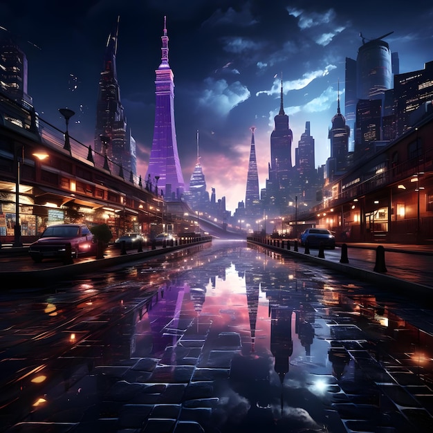 futurystyczna panorama miasta renderowana w neonowych kolorach