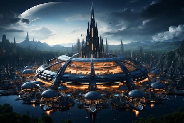 Futurystyczna panorama miasta SciFi Generacyjna sztuczna inteligencja