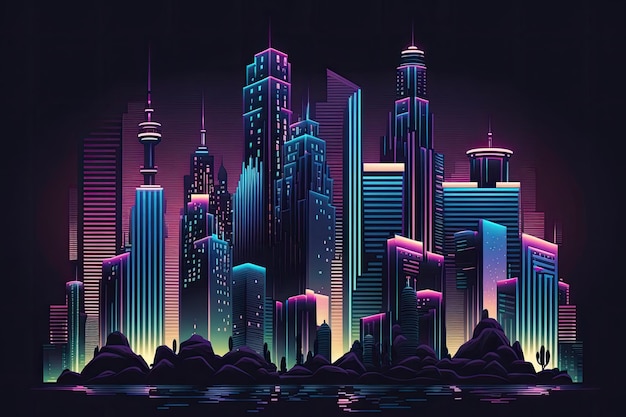 Futurystyczna panorama miasta z neonami i górami w tle Generacyjna sztuczna inteligencja