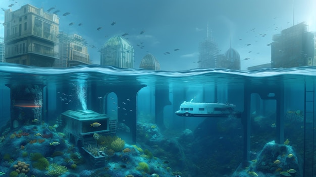 Futurystyczna podwodna metropolia Poznaj surrealistyczny matowy obraz podwodnego środowiska z podwodnym rynkiem i domami