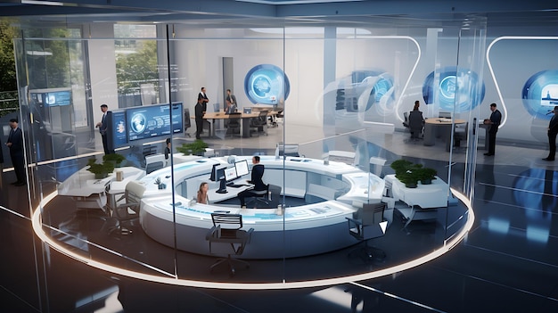 Zdjęcie futurystyczna przestrzeń robocza ds. bezpieczeństwa cybernetycznego z zaawansowanymi technologiami szyfrowania
