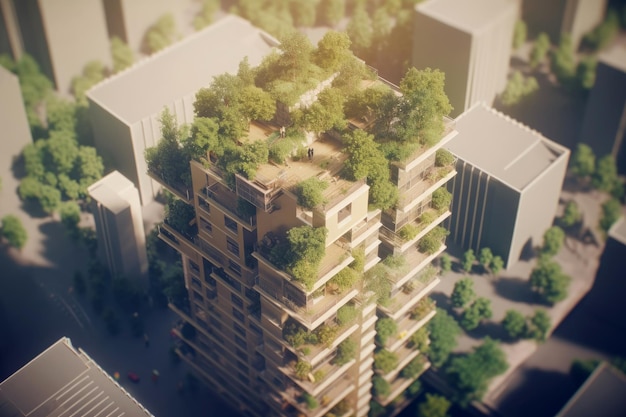 Futurystyczna, przyjazna ekologia, mega-miejskie budynki i wieże, zielone środowisko, miasto Generacyjna sztuczna inteligencja