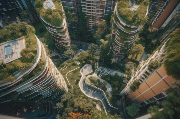 Futurystyczna przyjazna ekologia megamiasto budynki i wieże zielone środowisko centrum miasta metropolia las i ogród w śródmieściu zieleń drapacz chmur Zrównoważona przyroda dzięki generatywnej sztucznej inteligencji