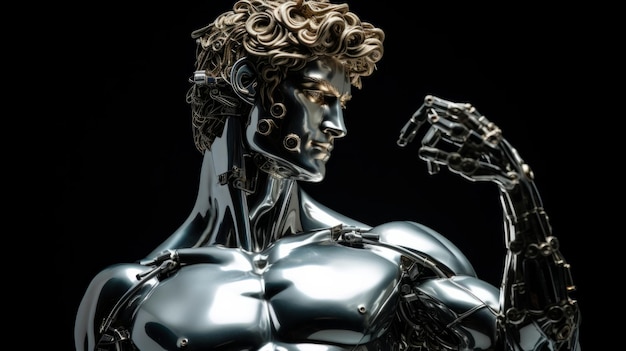 Futurystyczna rzeźba cyborga lub robota lub posąg Dawida na ciemnym tle
