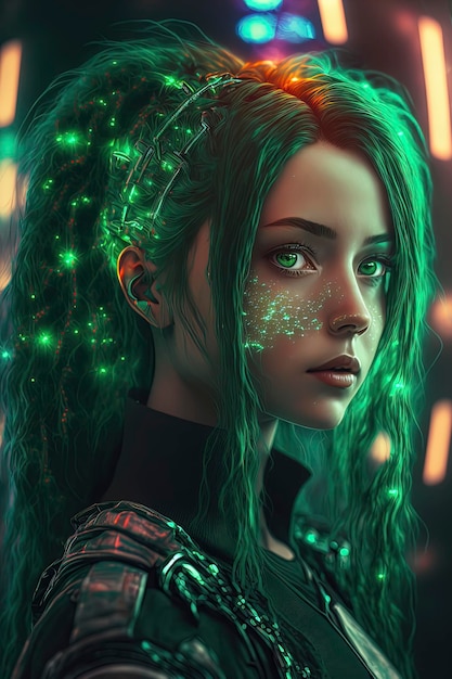 Futurystyczna scena cyberpunkowa z uroczą dziewczyną i zielonymi holograficznymi elementami AIGenerated